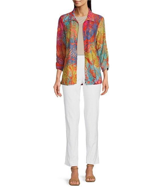 Ali Miles Burnout Abstract Floral Print Point Collar 3/4 Cinched Sleeve Zip-Up Jacket Product Image