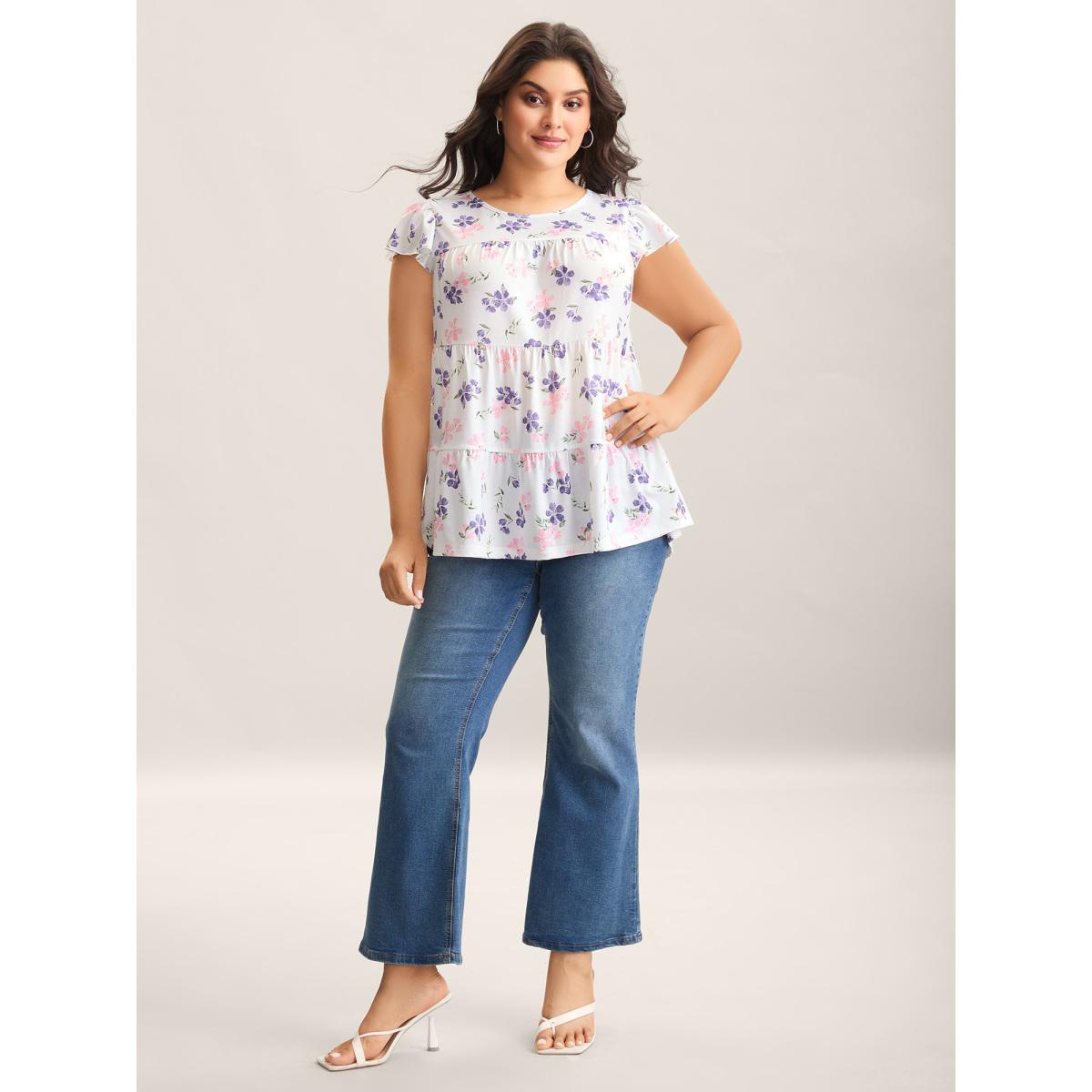Plus Size Floral Print Flutter Sleeve Layered T-Shirt Multicolor Women Gathered Natural Flowers Round Neck Everyday-Elegant T-shirts BloomChic 10/M Product Image