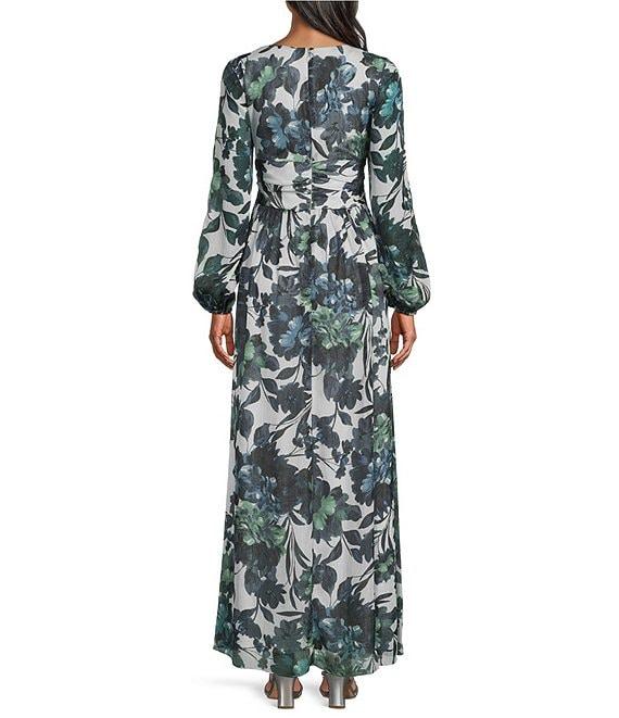 Ignite Evenings Floral Long Illusion Sleeve V-Neck Chiffon Maxi Dress Product Image