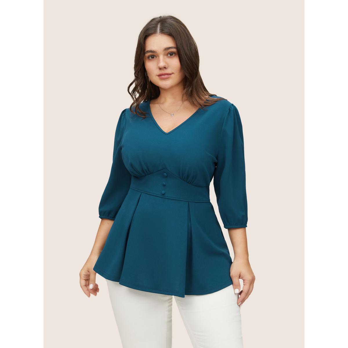 Plus Size Aegean Plain Plicated Detail Button Detail Blouse Women At the Office Elbow-length sleeve V-neck Work Blouses BloomChic 12/L Product Image