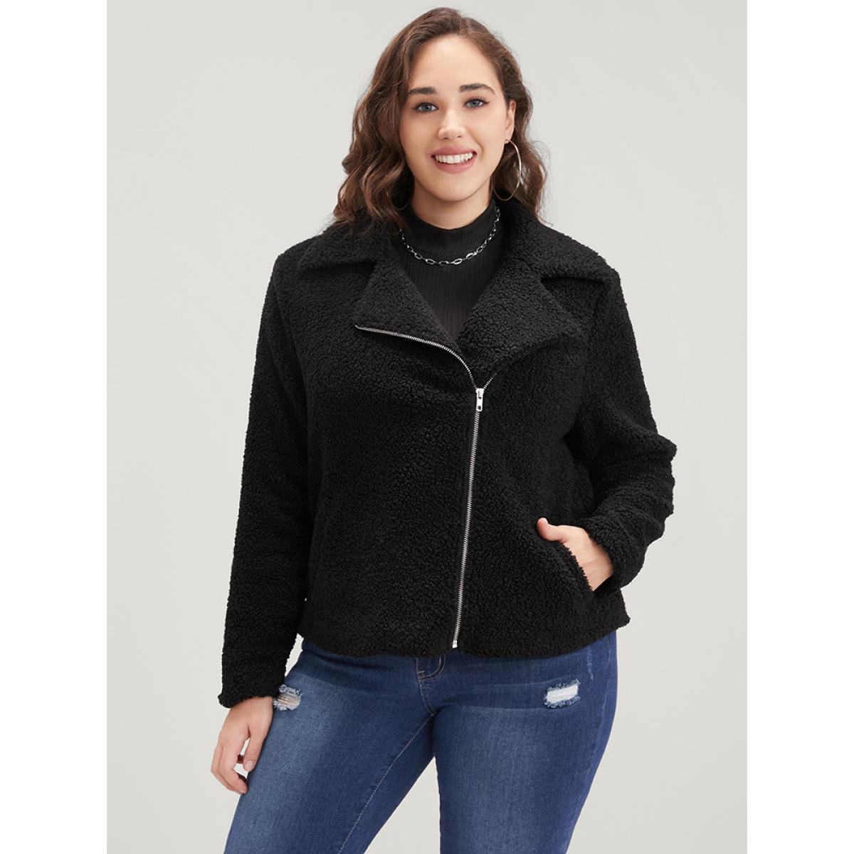 Plus Size Solid Zipper Pocket Suit Collar Teddy Coat Women Black Elegant Zipper Ladies Dailywear Winter Coats BloomChic 30/6X Product Image