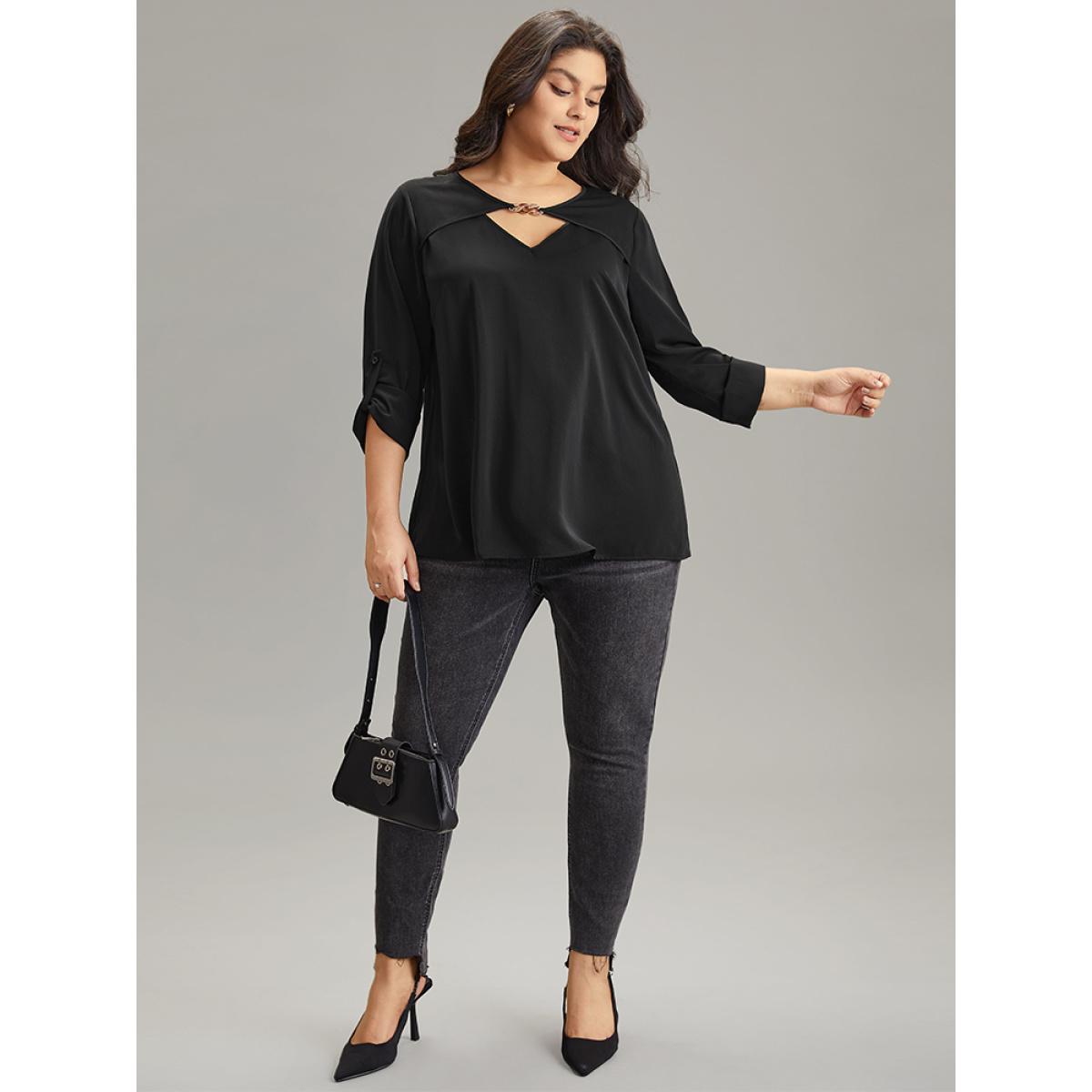 Plus Size Black Static-Free Plain Keyhole Chain Detail Blouse Women Office Long Sleeve Keyhole Cut-Out Office Blouses BloomChic 14-16/1X Product Image