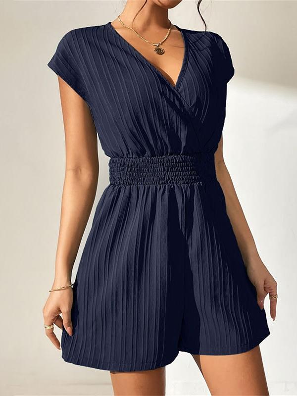 Loose Raglan Sleeve Elasticity Pleated Solid Color Split-Joint V-Neck Rompers Product Image
