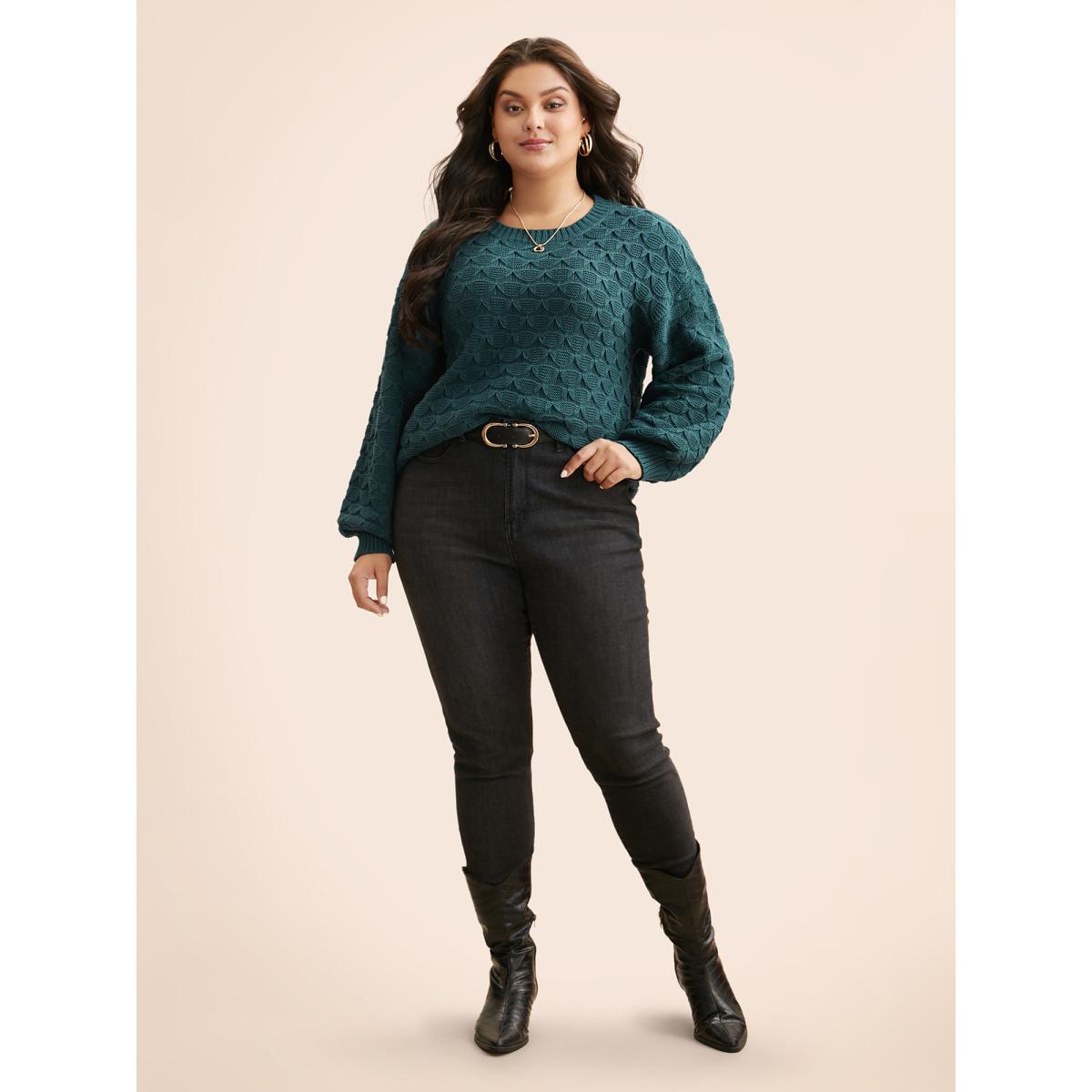 Plus Size Fish Scale Texture Drop Shoulder Pullover Cyan Women Casual Loose Long Sleeve Round Neck Everyday Pullovers BloomChic 18-20/2X Product Image