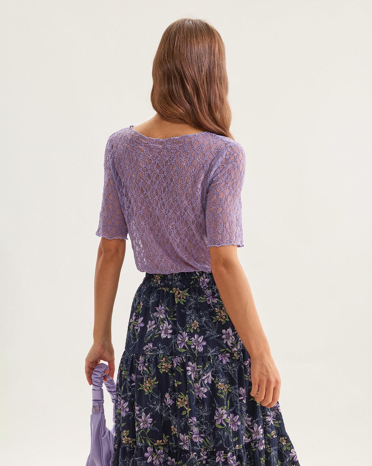 Purple Round Neck Textured Half Sleeve Tee Product Image