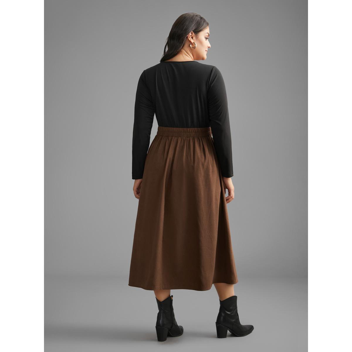 Plus Size Crew Neck Contrast Shirred Pleated Dress Browncoffeecolor Women Casual Contrast Round Neck Long Sleeve Curvy BloomChic 18-20/2X Product Image