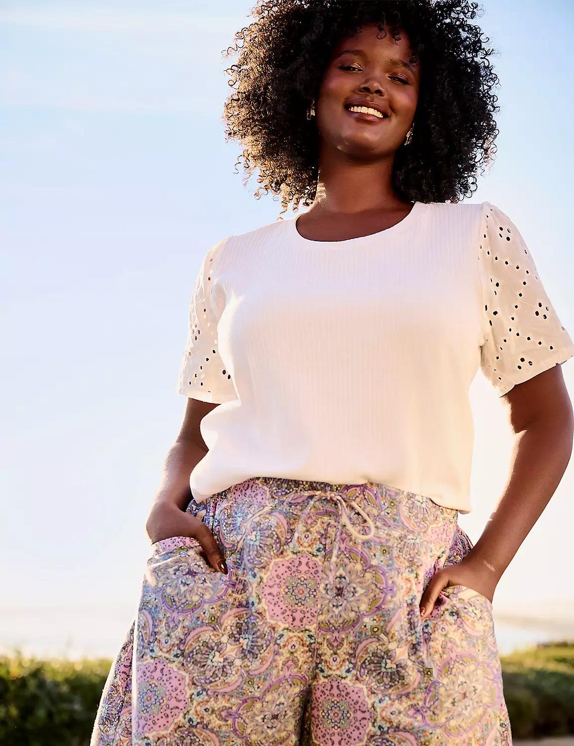 Eyelet-Sleeve Scoop Neck Rib Top Product Image