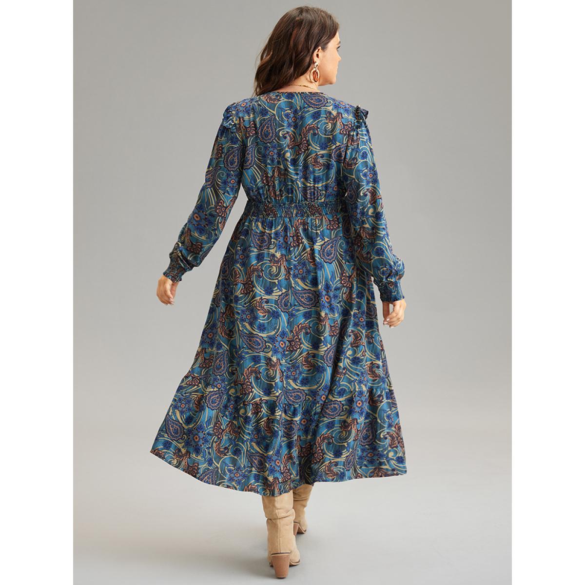 Plus Size Bandana Print Shirred Pocket Frill Trim Dress Aegean Women Vacation Wrap Overlap Collar Long Sleeve Curvy Midi Dress BloomChic 14-16/1X Product Image