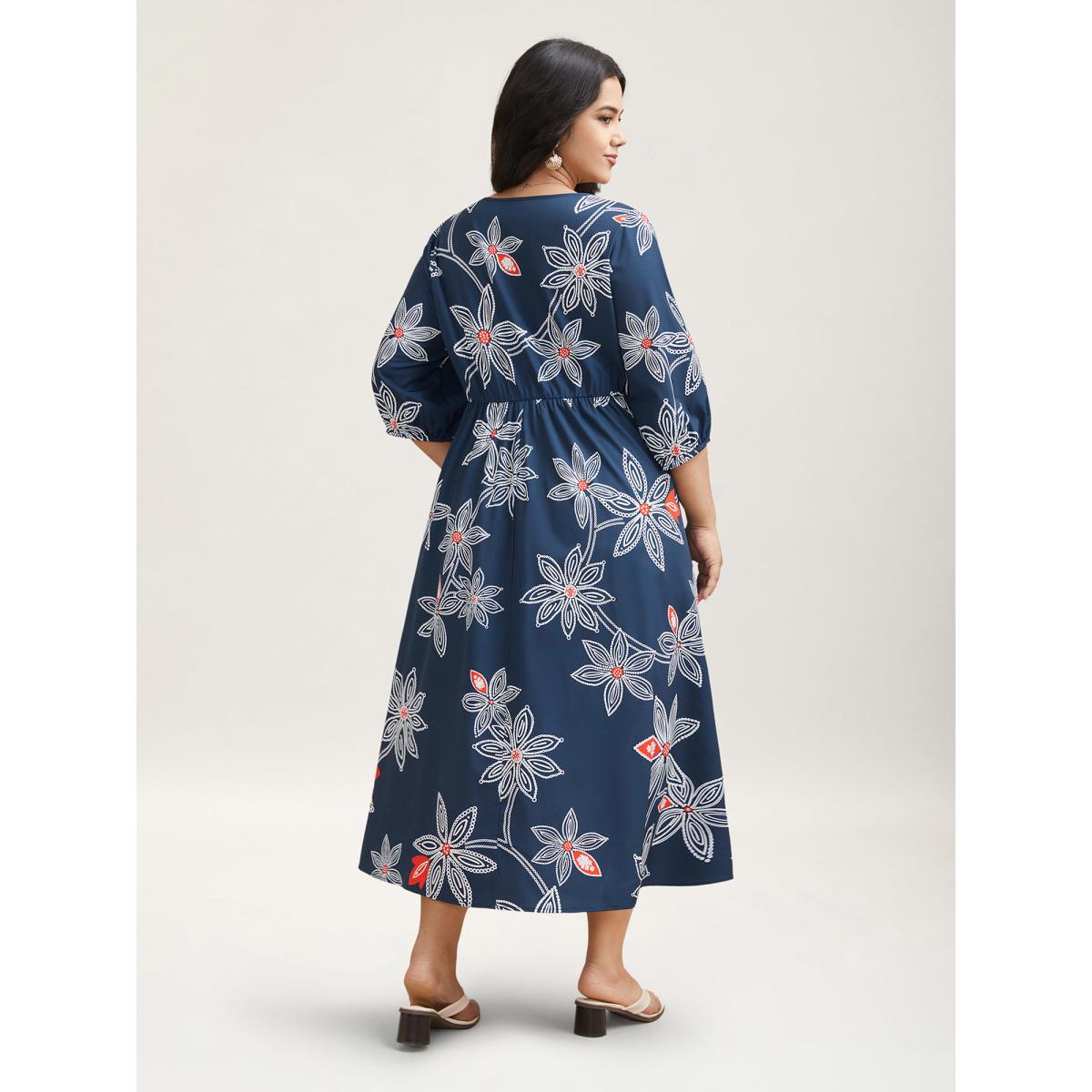 Plus Size Boho Floral Arc Neck Waist-Cinched Dress DarkBlue Women Resort Gathered V-neck Elbow-length sleeve Curvy BloomChic 30/6X Product Image