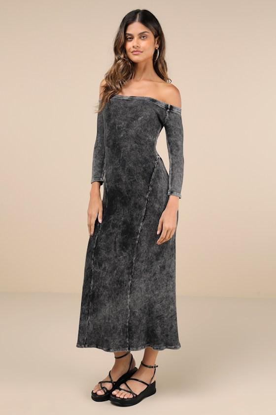 Remarkably Cool Washed Black Ribbed Off-the-Shoulder Midi Dress Product Image