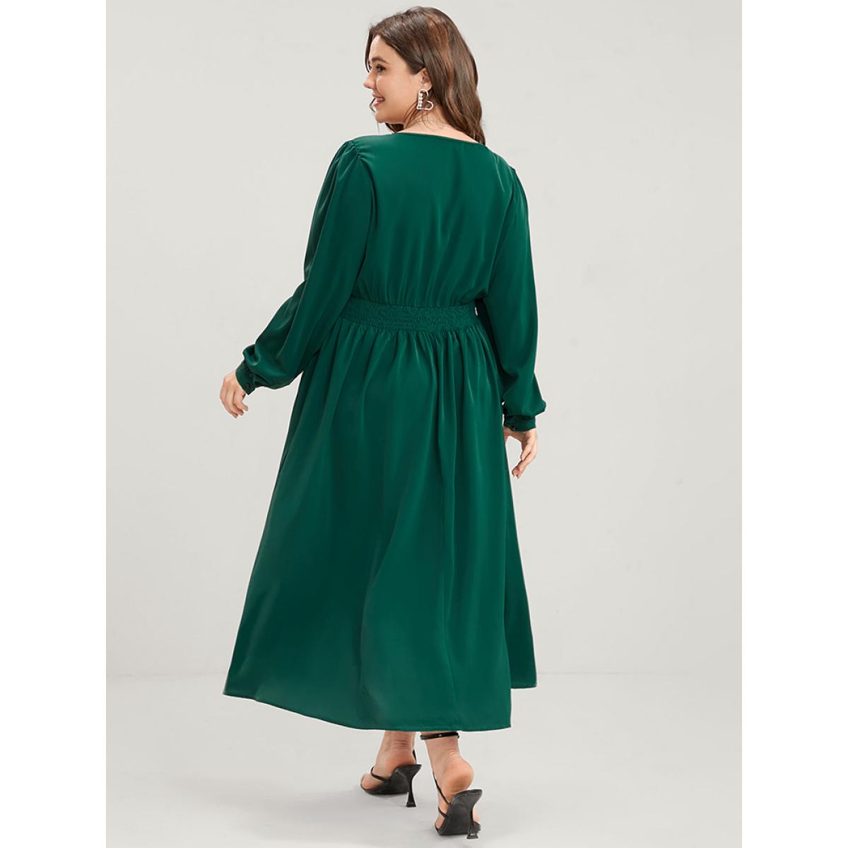 Plus Size Solid Pocket Shirred Tie V Neck Ruffle Hem Dress DarkGreen Women Elegant Cross straps V-neck Long Sleeve Curvy Midi Dress BloomChic 26/4X Product Image
