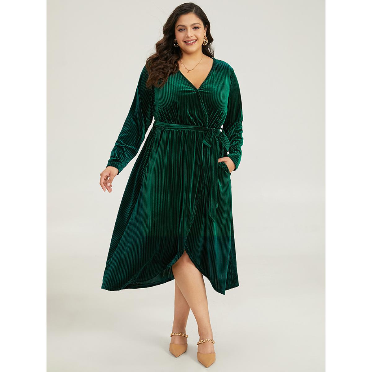 Plus Size Velvet Rib Knit Wrap Hem Pocket Belted Dress DarkGreen Women Elegant Wrap V-neck Long Sleeve Curvy Midi Dress BloomChic 12/L Product Image
