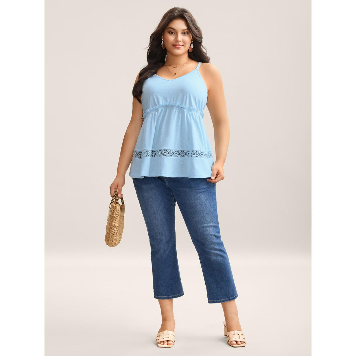 Plus Size Lace Trim Pleated Plain Tank Top Women LightBlue Boho Woven ribbon&lace trim Non Vacation Tank Tops Camis BloomChic 14-16/1X Product Image