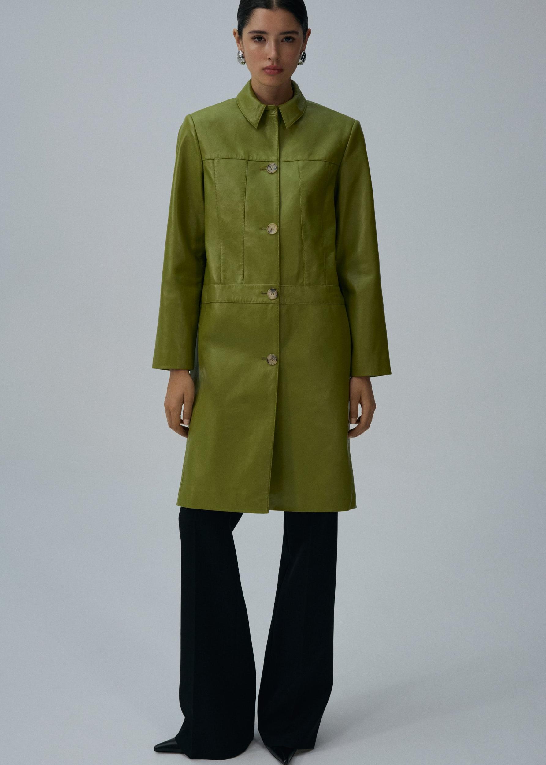 Classic button-up leather coat in green Product Image