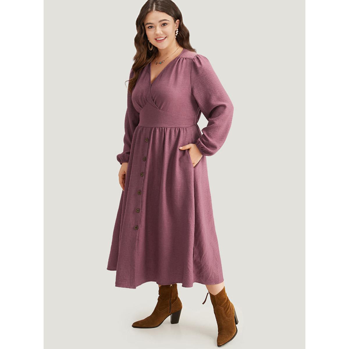 Plus Size Twill Gathered Button Detail Lantern Sleeve Dress DustyPink Women Casual Elastic cuffs V-neck Long Sleeve Curvy Midi Dress BloomChic 10/M Product Image