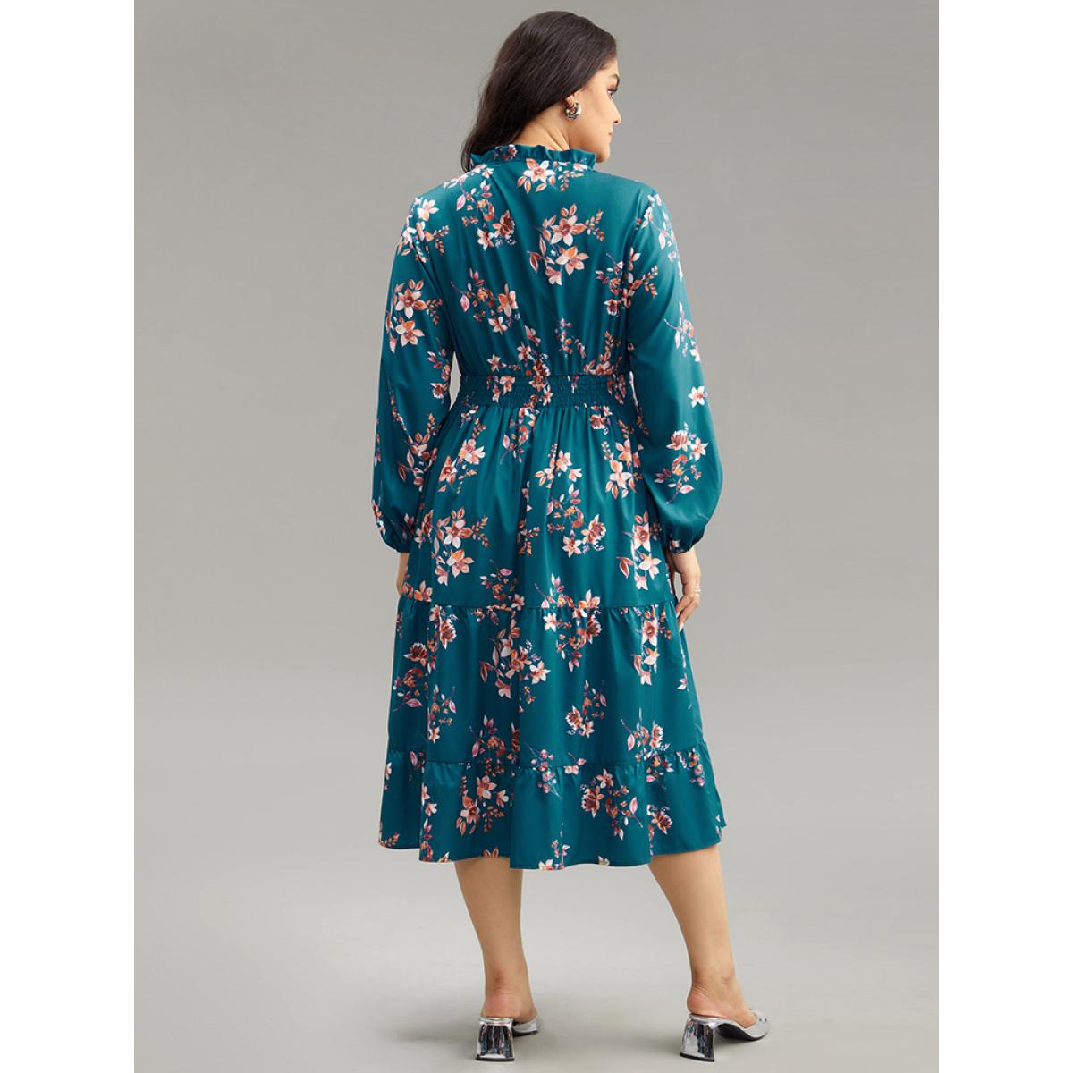 Plus Size Floral Shirred Button Up Frill Trim Dress Aegean Women At the Office Elastic cuffs Stand-up collar Long Sleeve Curvy Midi Dress BloomChic 30/6X Product Image