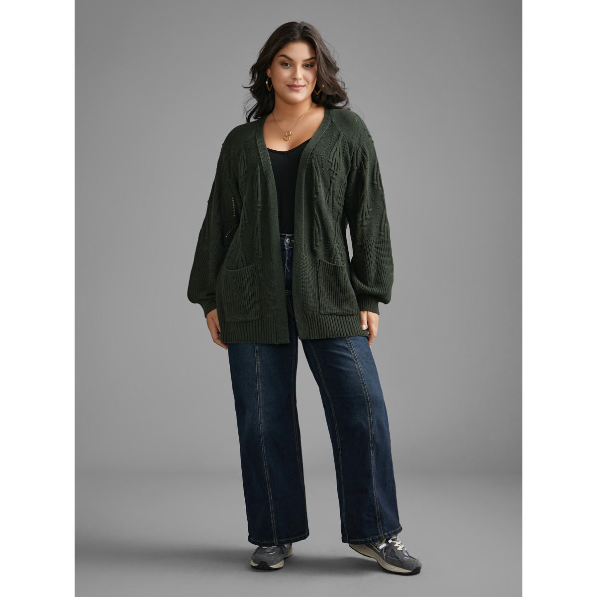 Plus Size Textured Lantern Sleeve Split Hem Cardigan DarkGreen Women Casual Loose Long Sleeve Everyday Cardigans BloomChic 12/L Product Image