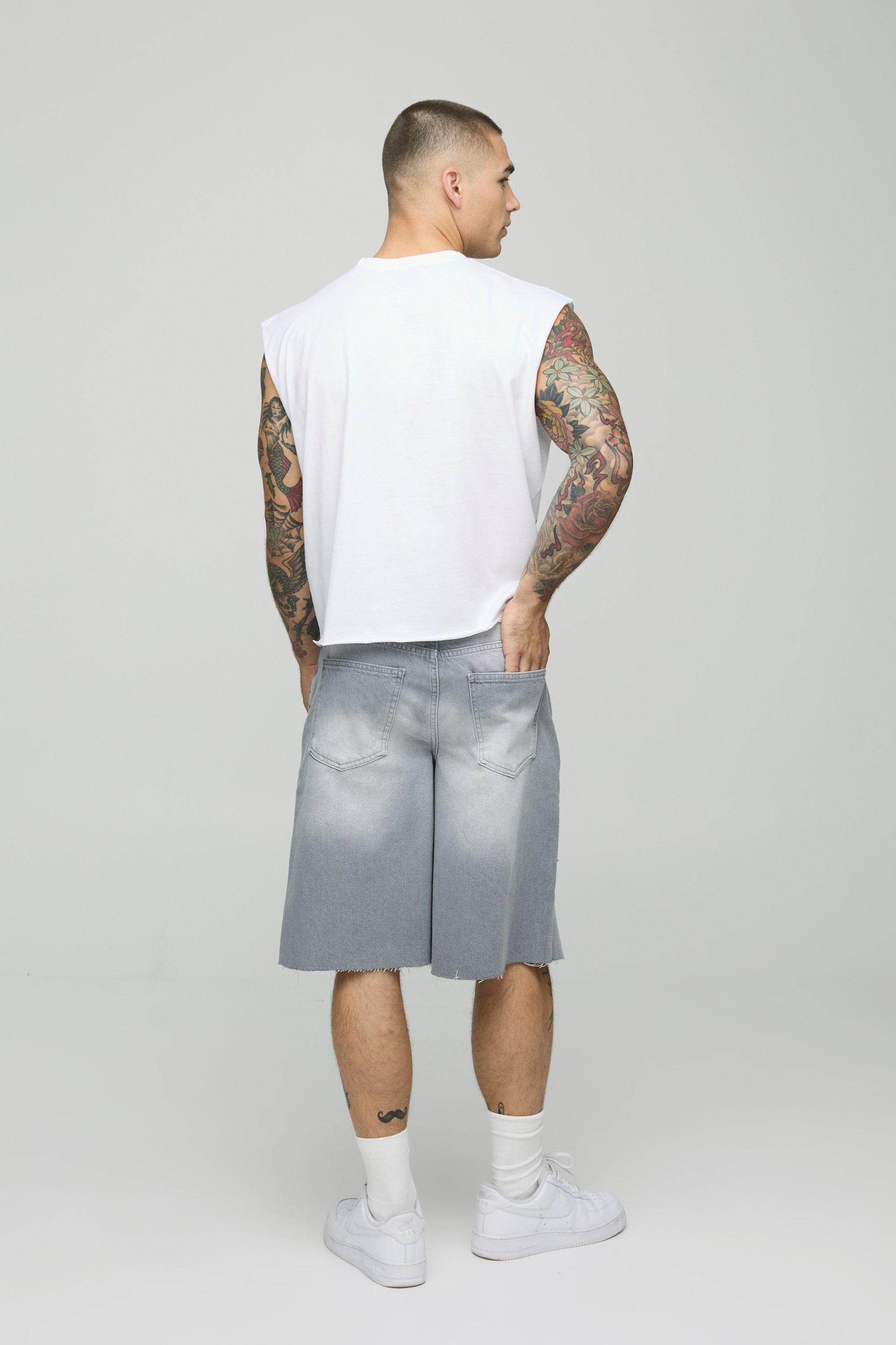 Regular Fit Light Grey Washed Ripped Jorts | boohooMAN USA Product Image