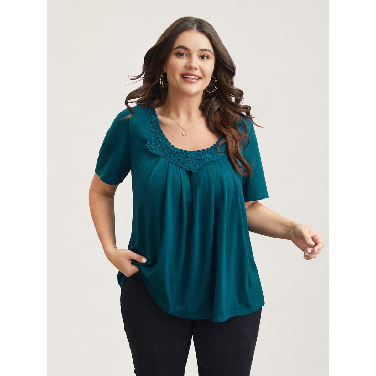 Plus Size Lace Trim Pleated Round Neck T-Shirt Cyan Women Leisure Woven ribbon&lace trim Lace collar Casual T-shirts BloomChic 12/L Product Image