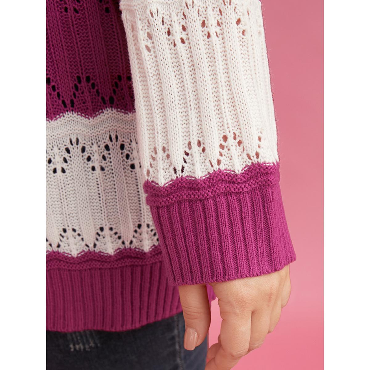 Plus Size Colorblock Contrast Pointelle Knit Cut Out V Neck Knit Top Multicolor Women Casual Loose Long Sleeve V-neck Dailywear Pullovers BloomChic 14-16/1X Product Image