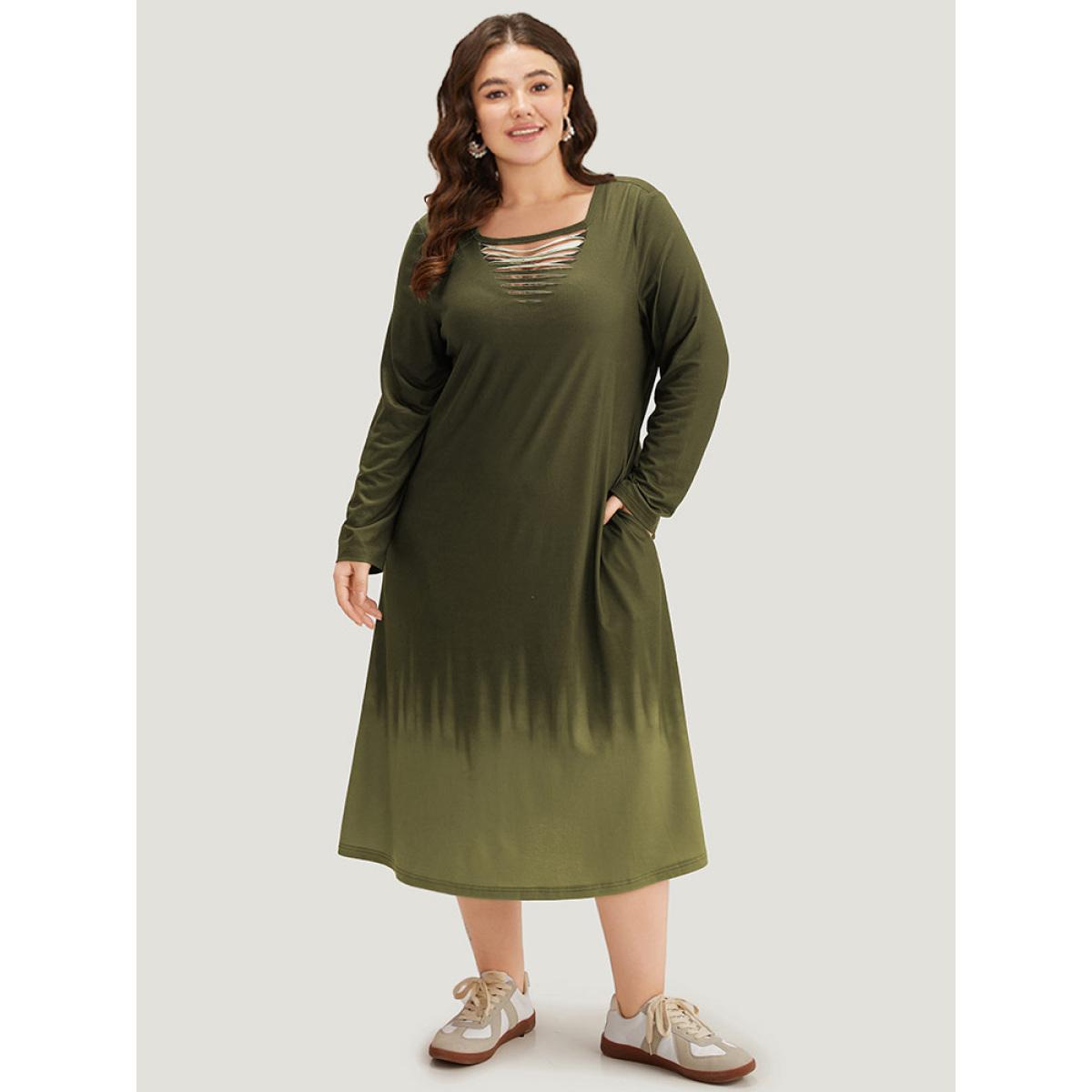 Plus Size Tie Dye Pocket Round Neck Cut Out Dress ArmyGreen Women Casual Tie Dye Round Neck Long Sleeve Curvy Midi Dress BloomChic 14-16/1X Product Image