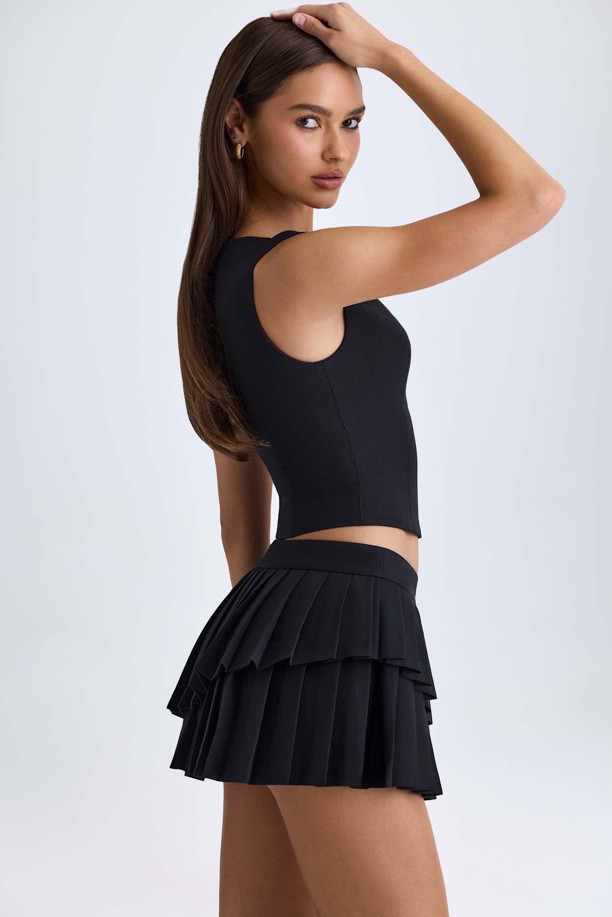Layered Pleated Low-Rise Mini Skirt in Black Product Image