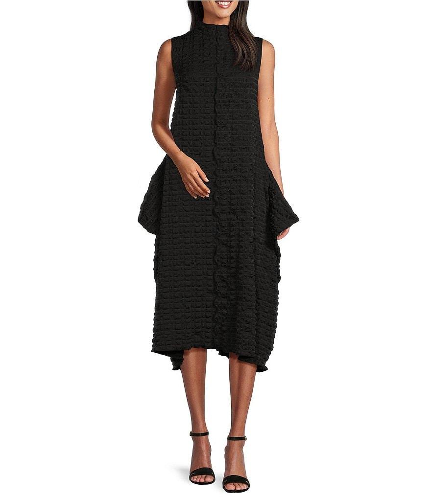 IC Collection Textured Bubble Check Woven Mock Neck Sleeveless Pocketed Swing Waistless Midi Dress Product Image