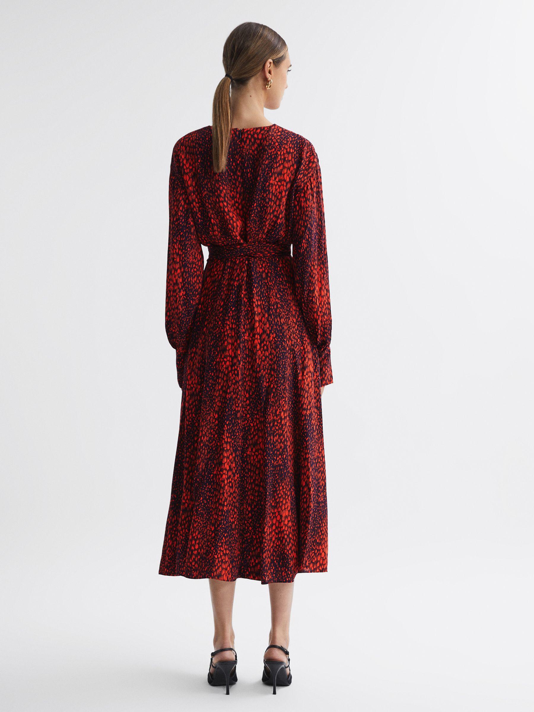 Animal Print Blouson Sleeve Midi Dress in Red Product Image