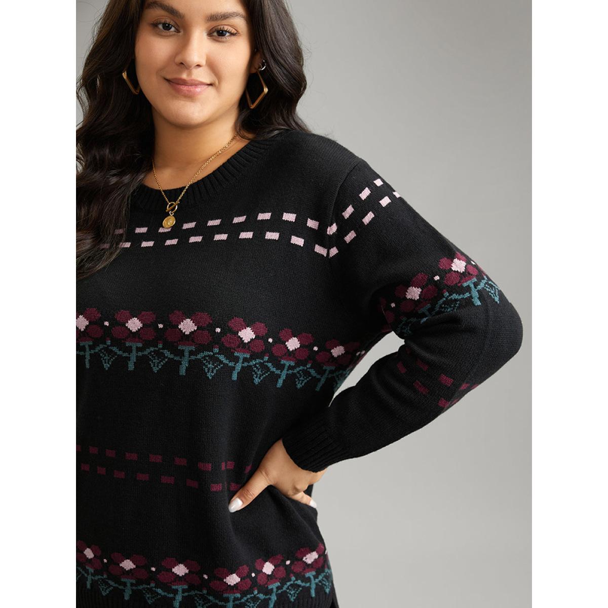 Plus Size Supersoft Essentials Floral Jacquard Split Side Pullover Black Women Casual Loose Long Sleeve Round Neck Dailywear Pullovers BloomChic 18-20/2X Product Image