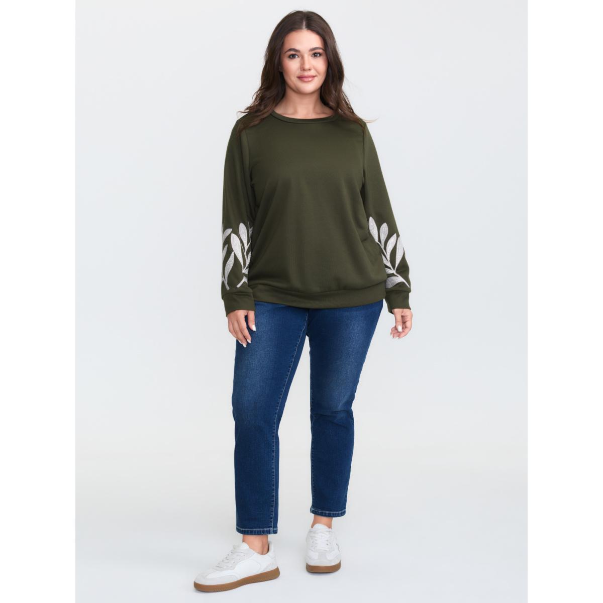 Plus Size Leaf Embroidered Sleeve Round Neck Sweatshirt Women ArmyGreen Leisure Embroidered Round Neck Casual Sweatshirts BloomChic 26/4X Product Image