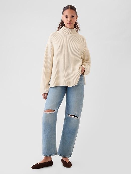 100% Cotton Oversized Split-Hem Mockneck Sweater Product Image