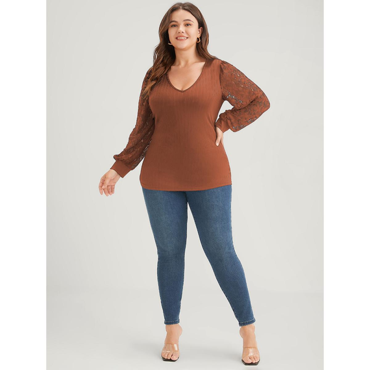 Plus Size Solid Rib Knit Contrast Lace Lantern Sleeve Long Tee Chocolate Women Elegant Plain Plain V-neck Dailywear T-shirts BloomChic 18-20/2X Product Image
