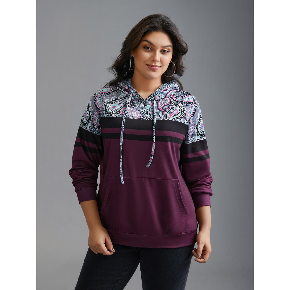 Plus Size Bandana Print Stretchy Contrast Hoodie Women Multicolor Casual Contrast Hooded Everyday Sweatshirts BloomChic 22-24/3X Product Image