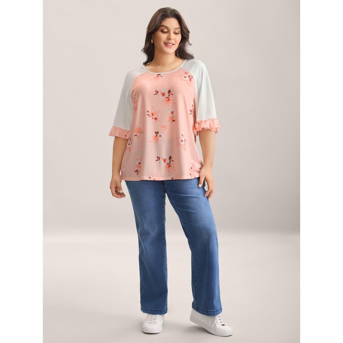 Plus Size Floral Print Spliced Lotus Leaf Sleeve T-Shirt Multicolor Women Gathered Natural Flowers Round Neck Everyday-Casual T-shirts BloomChic 28/5X Product Image