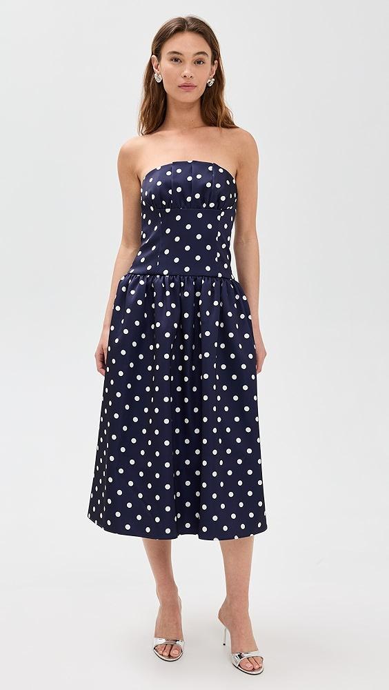 Self Portrait Navy Polka Dot Satin Midi Dress | Shopbop Product Image