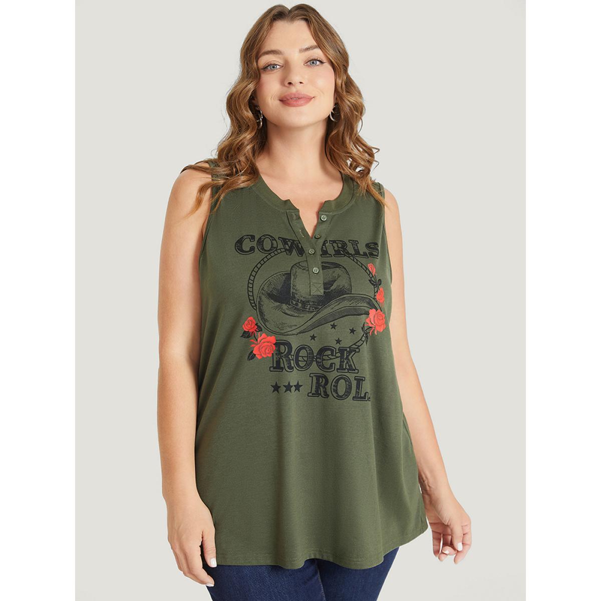 Plus Size Rose & Letter Print Button Up Graphic Tank Top Women ArmyGreen Casual Button Dailywear Tank Tops Camis BloomChic 14-16/1X Product Image