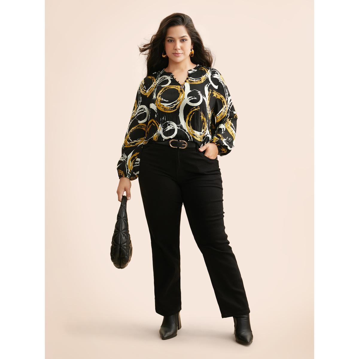 Plus Size BlackFlower Brush Print Pleated Lantern Sleeve Blouse Women At the Office Long Sleeve V-neck Work Blouses BloomChic 12/L Product Image