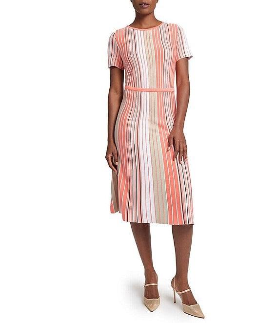 Ming Wang Knit Multi-Stripe Round Neck Short Sleeve Fit-And-Flare Midi Dress Product Image