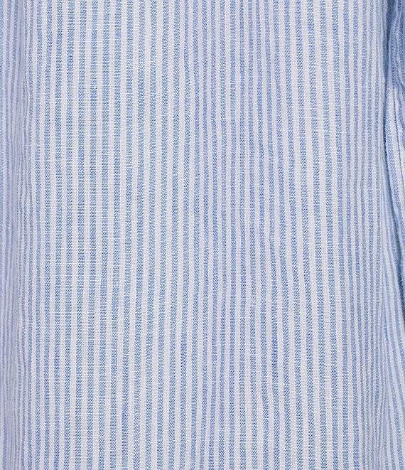 John Mark Petite Size Yarn-Dye Stripe Linen Wire Collar 3/4 Roll-Tab Sleeve Shirt Dress Product Image