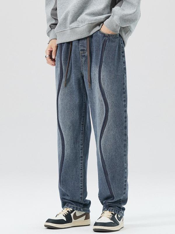 Men's Vintage Top-stitching Drawstring Loose Jeans Product Image