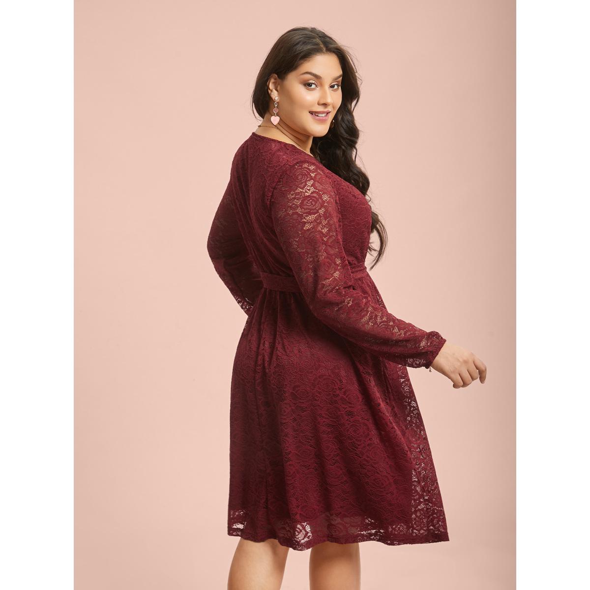Plus Size Crochet Lace Mesh Surplice Neck Belted Dress Burgundy Women Elegant Texture Party Curvy Bloomchic 14-16/1X Product Image
