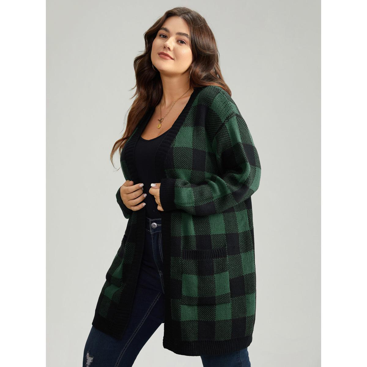 Plus Size Plaid Patched Pocket Loose Cardigan DarkGreen Women Casual Loose Long Sleeve Everyday Cardigans BloomChic 30/6X Product Image