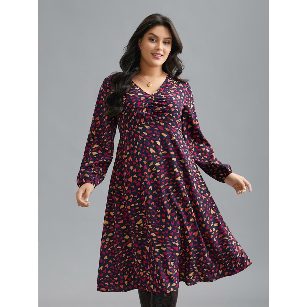 Plus Size Multi-Color Hearts Pattern Stretchy Waist Dress Indigo Women Elegant Gathered V-neck Long Sleeve Curvy BloomChic 18-20/2X Product Image