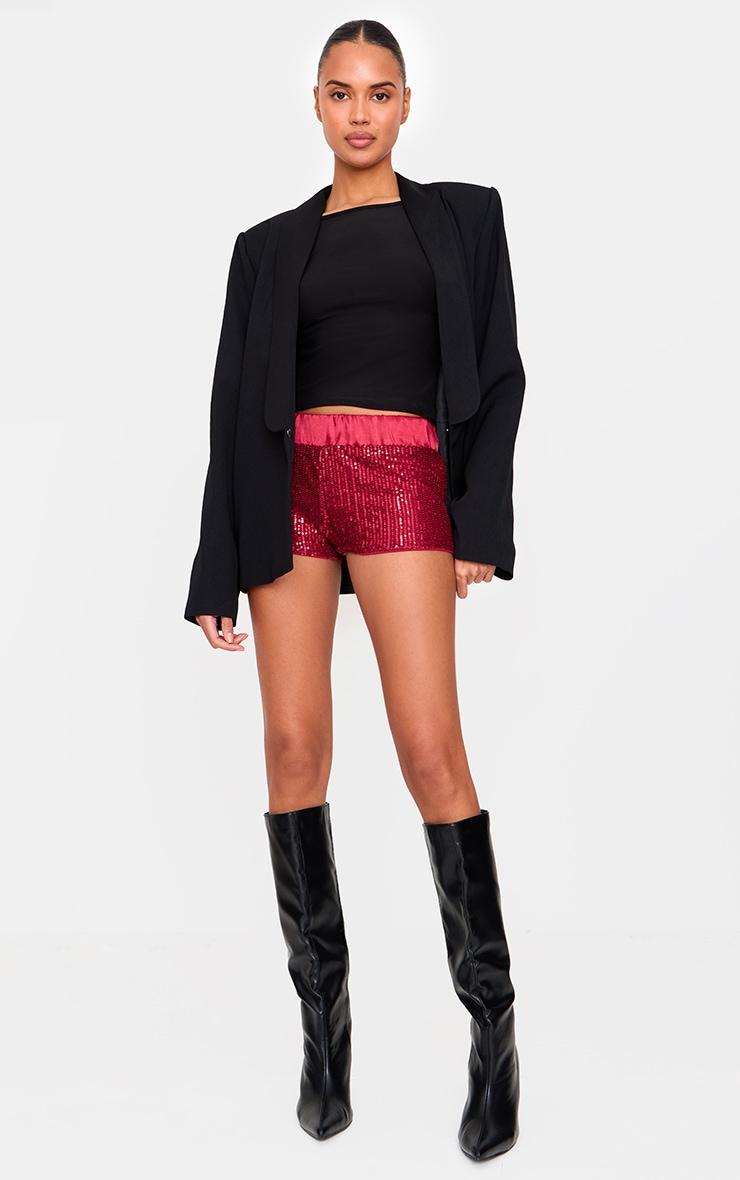 Burgundy Waistband Detail Sequin Mini Shorts Product Image