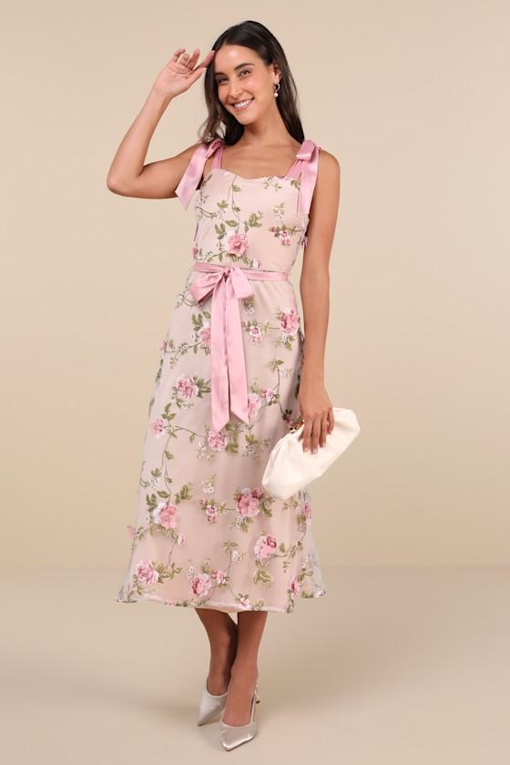 Authentic Sweetness Pink Floral Applique Tie-Strap Midi Dress Product Image