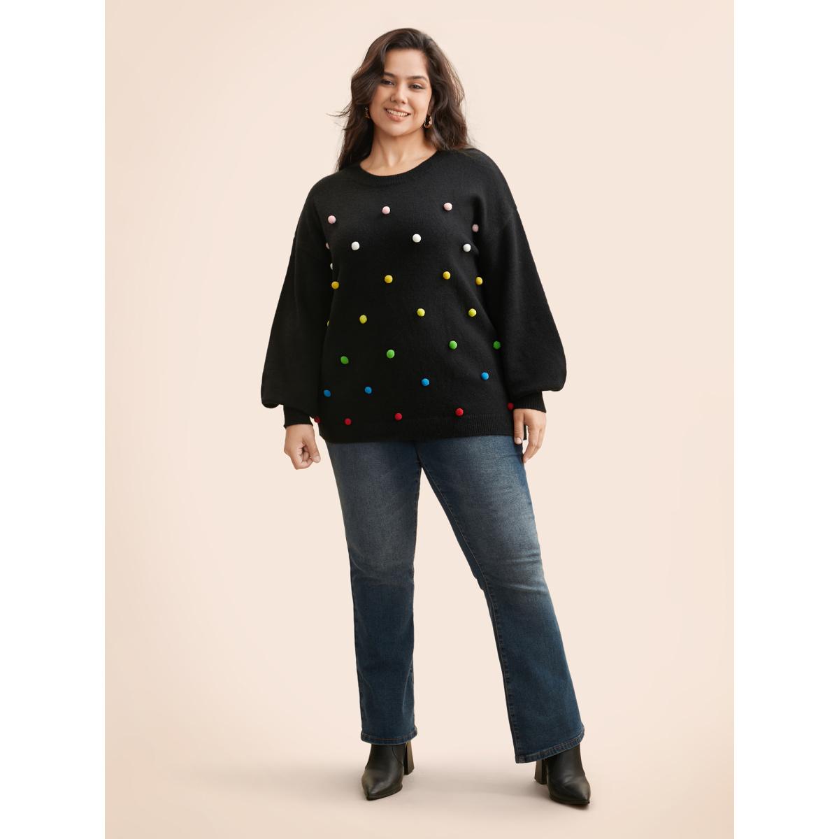 Plus Size Colored Fluffy Ball Drop Shoulder Pullover Black Women Casual Loose Long Sleeve Round Neck Everyday Pullovers BloomChic 14-16/1X Product Image