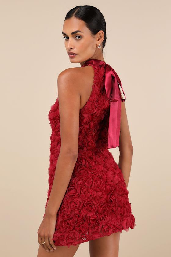 Extraordinary Being Wine Red 3D Rosette Mock Neck Mini Dress Product Image