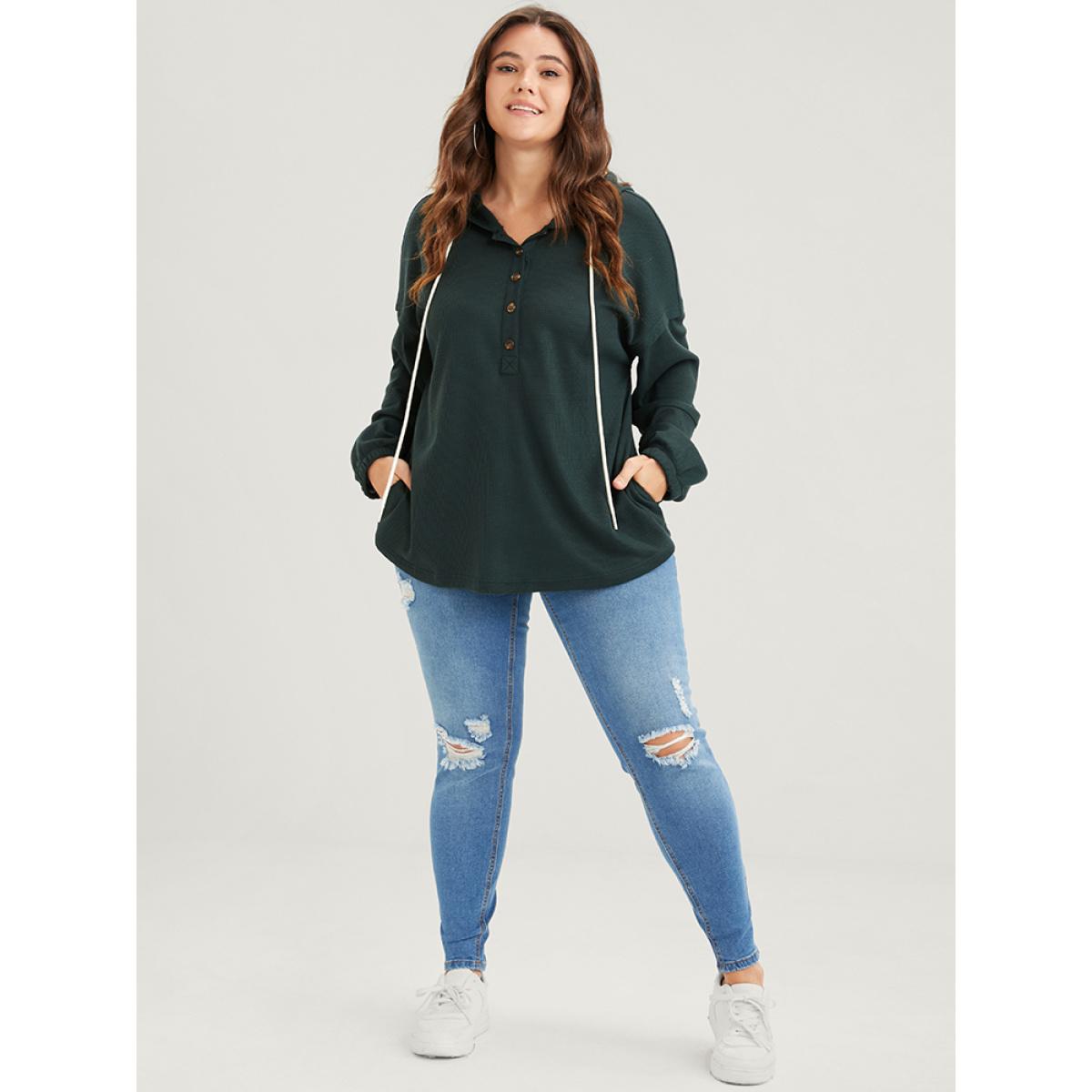 Plus Size Solid Pocket Button Drawstring Waffle Knit Hooded Sweatshirt Women Green Casual Drawstring Loose Hooded Dailywear Sweatshirts BloomChic 22-24/3X Product Image