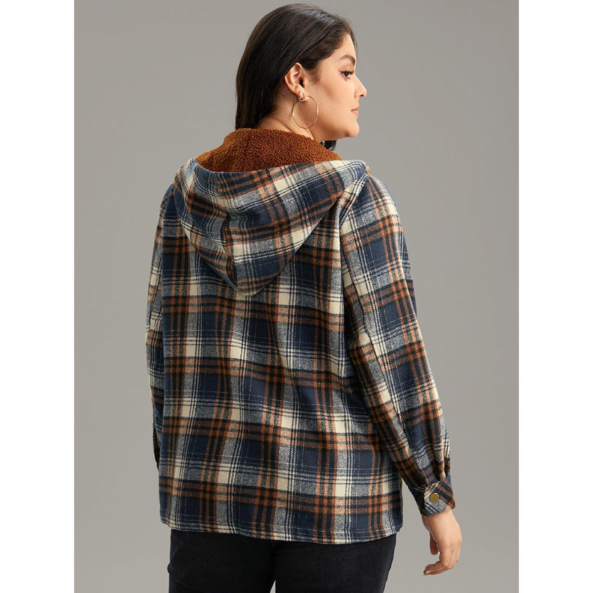 Plus Size Plaid Patchwork Pocket Button Through Hooded Coat Women Multicolor Casual Contrast Ladies Dailywear Winter Coats BloomChic 22-24/3X Product Image