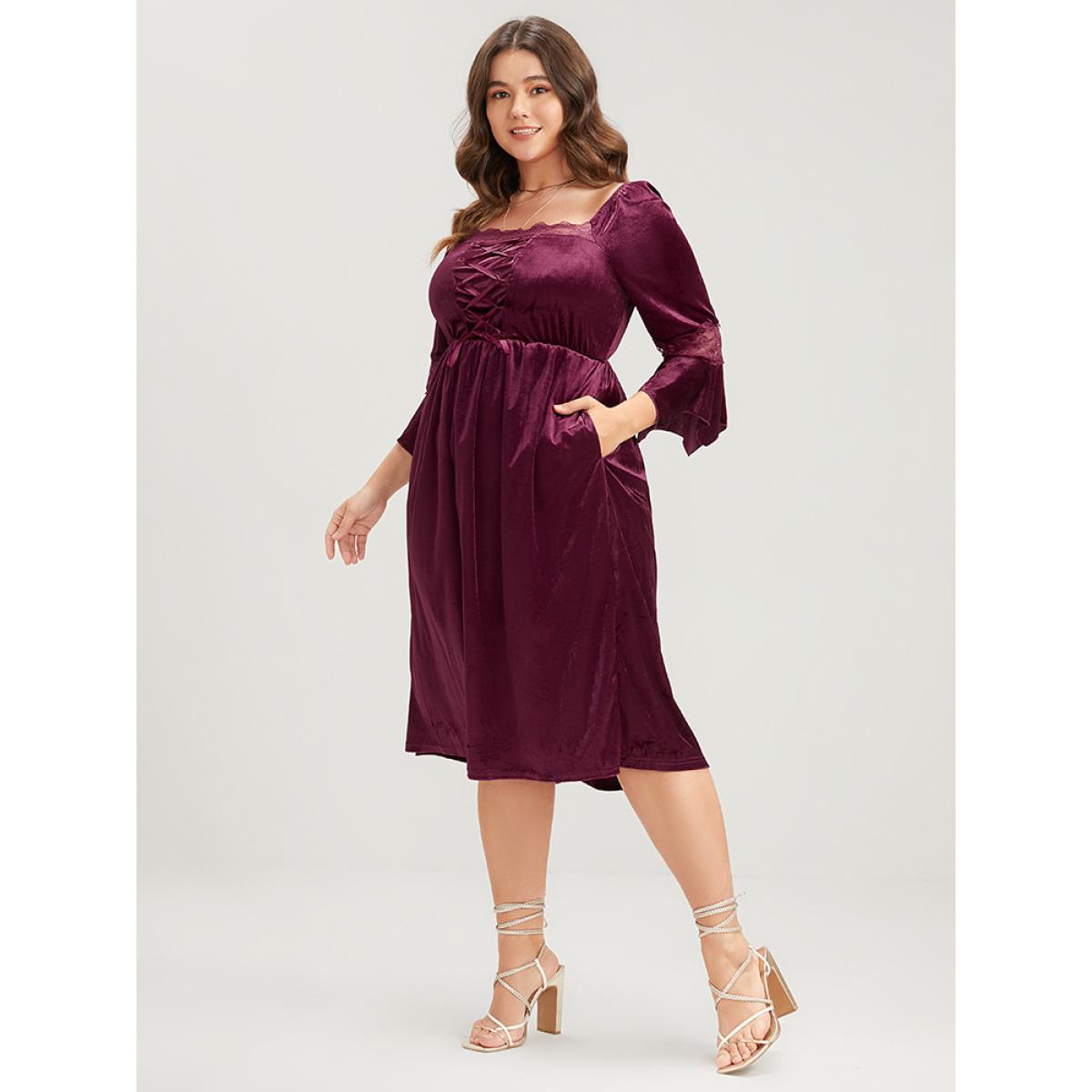Plus Size Halloween Solid Velvet Bell Sleeve Pocket Contrast Lace Ties Midi Dress Burgundy Women Party Ribbon Square Neck Elbow-length sleeve Curvy Midi Dress BloomChic 22-24/3X Product Image
